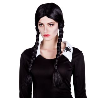 Pruik Secrete adams family zwart met vlechten