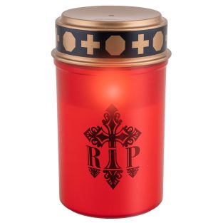 Halloween decoratie grafkaars rood met RIP decoratie en verlichting