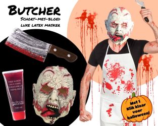 Halloween set Butcher met schort, masker hakmes en bloed