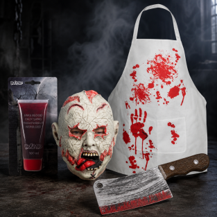 Halloween Set BUTCHER – Undead slager met masker, schort, kapmes en nepbloed