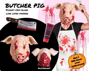 Halloween set Butcher Pig met masker, schort, Hakmes en bloed