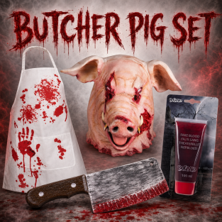 Halloween set Butcher Pig met masker, schort, Hakmes en bloed