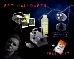 Halloween set met rookmachine, bliksem effect en laser