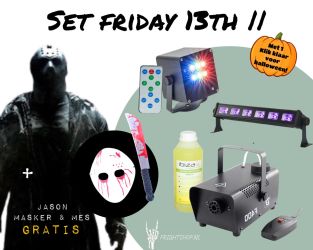 Halloweenset Friday 13th Rookmachine, UV blacklight en stroboscoop