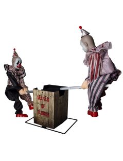 Halloween decoratie 2 clowns op wip 125cm animatronic licht geluid en beweging