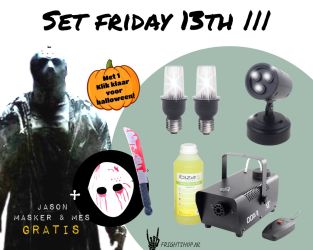 Halloweenset Friday 13th Rookmachine, blacklight en Bliksem licht effect