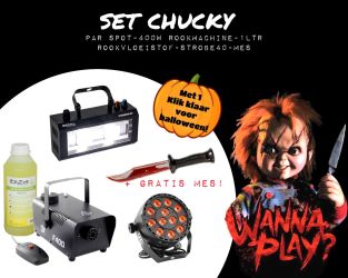 Halloween set Chucky met Rookmachine, RGB parspot en stroboscoop