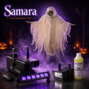 Halloween set Samara rookmachine, verlichting en decoratie spook